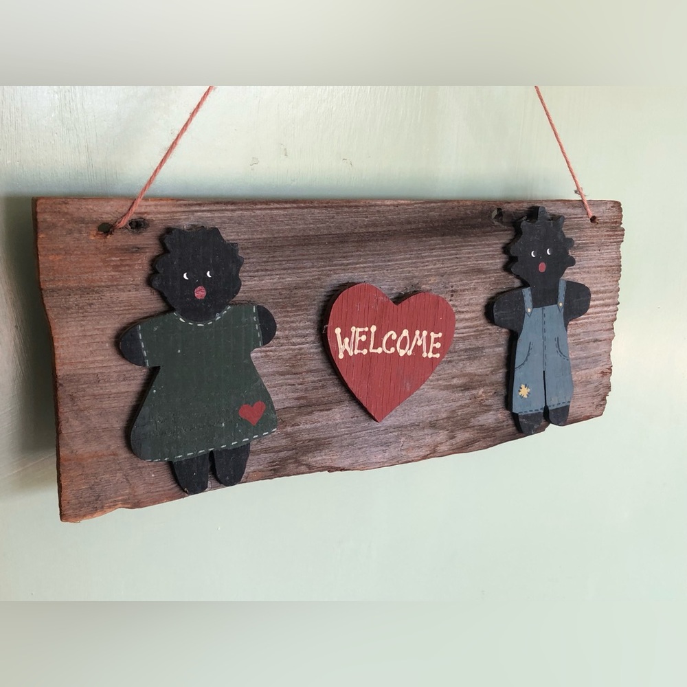 Folk Art Wood Welcome Sign Little Boy And Girl Wall Hang African American